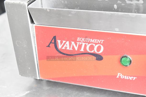Avantco 177P7B countertop panini press with red label, power indicator, and visible wear. 120 volts, 1 phase.