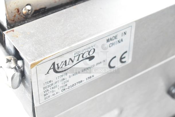 Avantco 177P7B Countertop Panini Press, 120V, visible label, single grooved panini, stainless steel, CE marked.