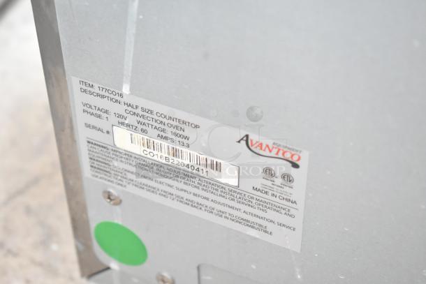 Avantco CO-16 convection oven label showing item specs: 120V, 1600W, 60Hz, 13.3A, serial CO16B22040411.