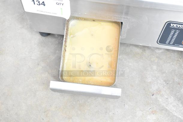 Vevor HT-821 Countertop Electric Griddle, 120V, 1 Phase. Stainless steel, visible drip tray. Model number label intact.