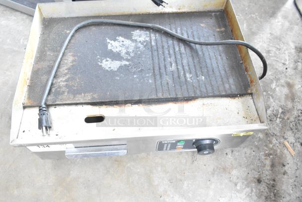 Vevor HT-821 countertop electric griddle, 120V, 1 Phase, visible wear, power cord attached, control knob on front.