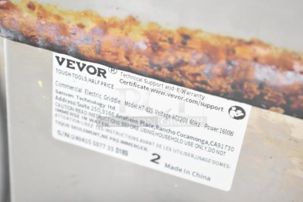 Vevor HT-821 countertop electric griddle tag showing model, voltage, 120V, 60Hz, power 1600W, made in China.