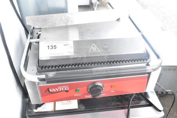 2021 Avantco 177P78 Panini Press, electric, 120V, 1 phase, good condition, with temperature control and visible auction tag.