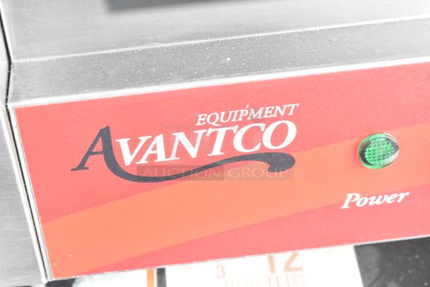 2021 Avantco 177P78 countertop electric panini press with power indicator light, red label, and Avantco branding.
