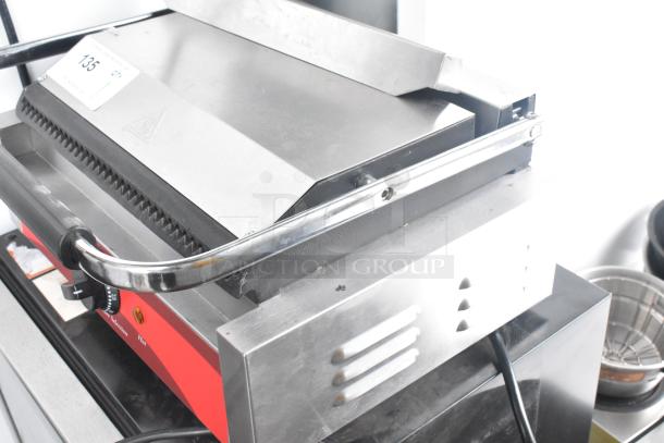 2021 Avantco 177P78 Panini Press, countertop electric, 120V, 1 phase, stainless steel, slightly used, auction tag "135".