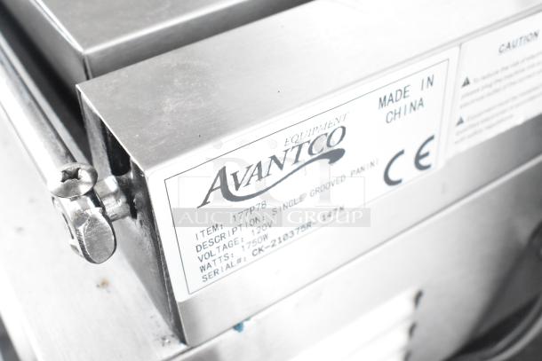 2021 Avantco 177P78 countertop panini press, electric, 120V, 1 phase, stainless steel, visible label with model info.