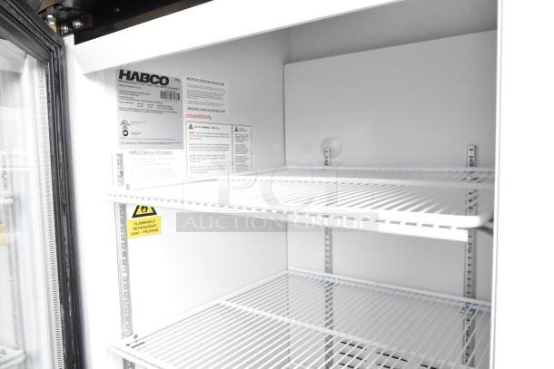 2019 Habco SE18HC commercial cooler, single door, 115V, 1 phase, with shelving. Includes model and safety labels.