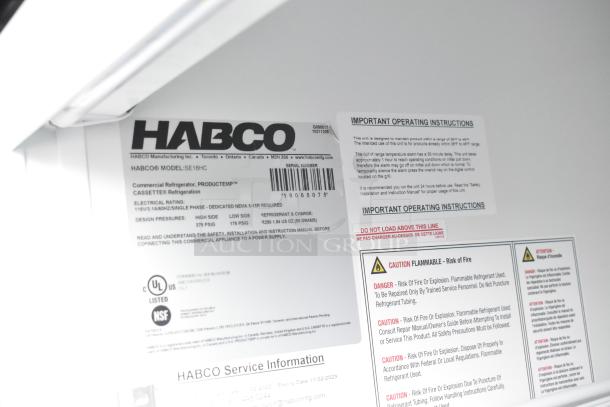 2019 Habco SE18HC Cooler label, showing operating instructions and safety warnings. Model details listed.