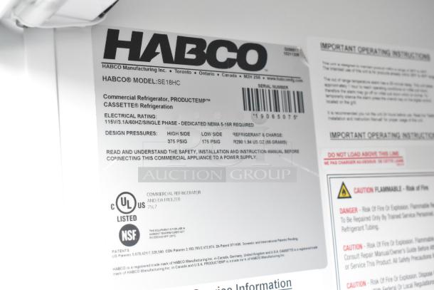 2019 Habco SE18HC commercial cooler label, 115V, 1 phase, with safety and operating instructions, CSA and NSF listed.