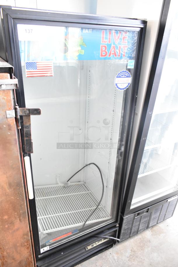 True GDM-12 single door reach-in cooler merchandiser, 115V, 1 phase, glass door, live bait decal, used condition.