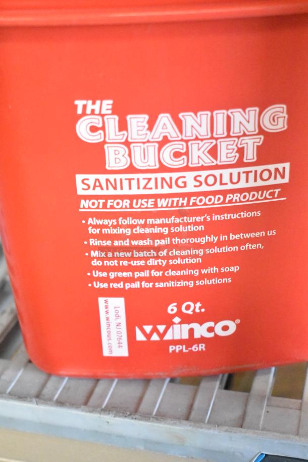 Red Winco 6 Qt. PPL-6R cleaning bucket for sanitizing solution. Includes care instructions. Label advises not for food use.