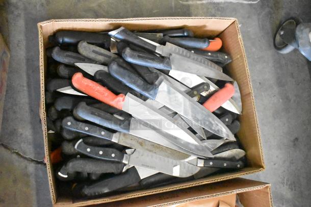 Box of 160 sharpened stainless steel knives, including chef knives, with black and red handles in good condition.