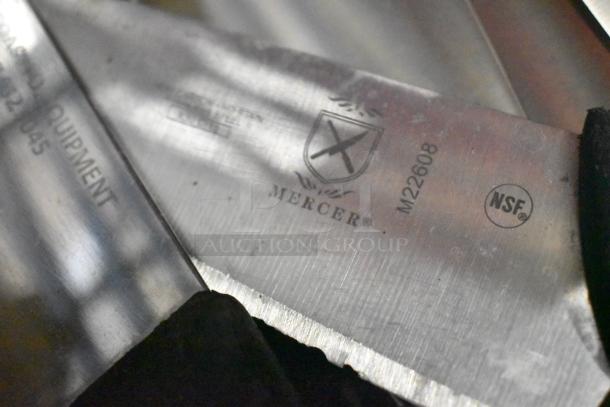 Stainless steel Mercer Chef Knife, model M22608, with NSF marking engraved on the blade.