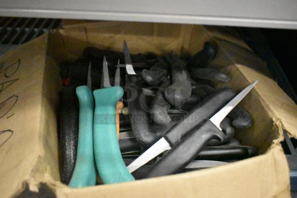 Box of 250 sharpened stainless steel knives, including poultry and paring knives, with black and teal handles.
