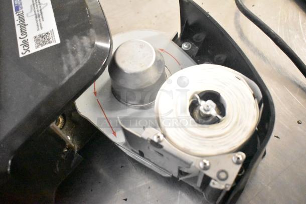 2017 Hobart HTi-7LH26 commercial scale, internal view showing label roll mechanism. No power cord included. Screen damaged.