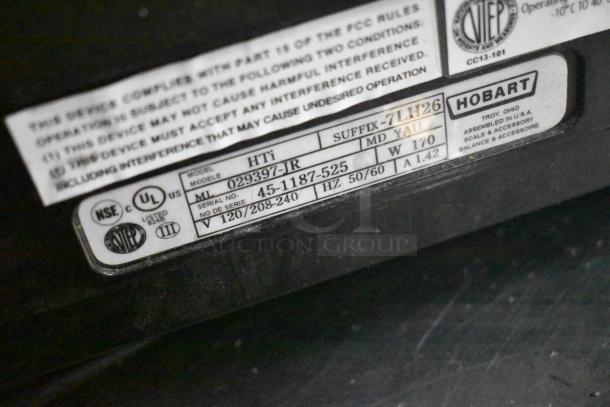 2018 Hobart HTi-7LH26 commercial countertop scale label, shows voltage, model, and serial details; tested and working.
