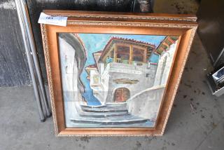 Two framed pictures featuring architectural scenes, in good condition, with ornate wooden frames. Auction tag visible.