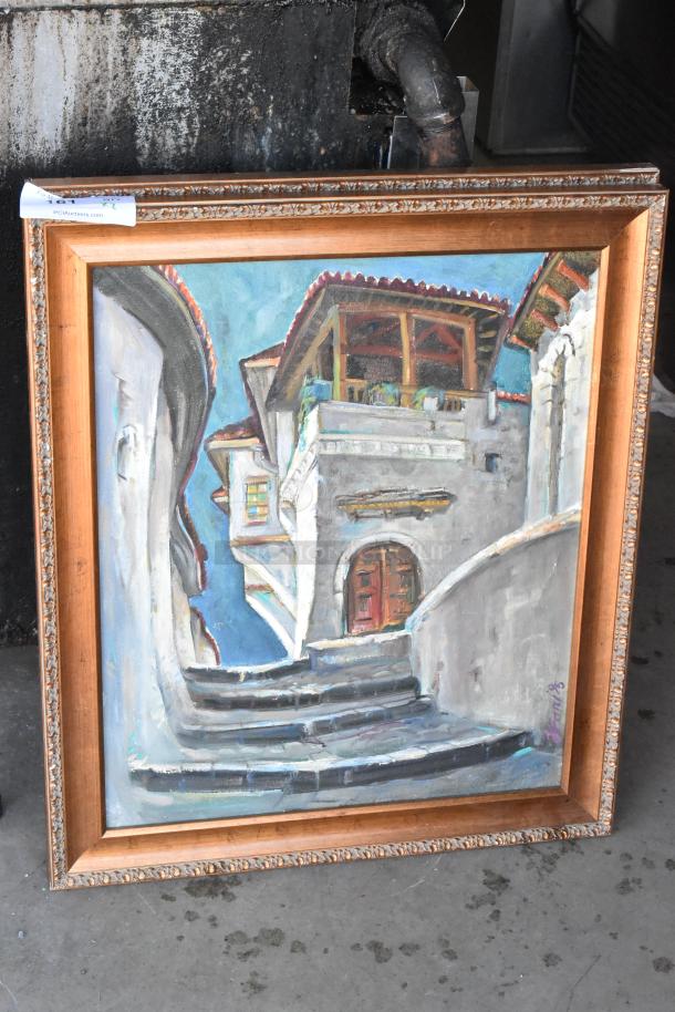 Two framed paintings of architectural scene with ornate wooden frames, depicting stone stairs and buildings, in excellent condition.