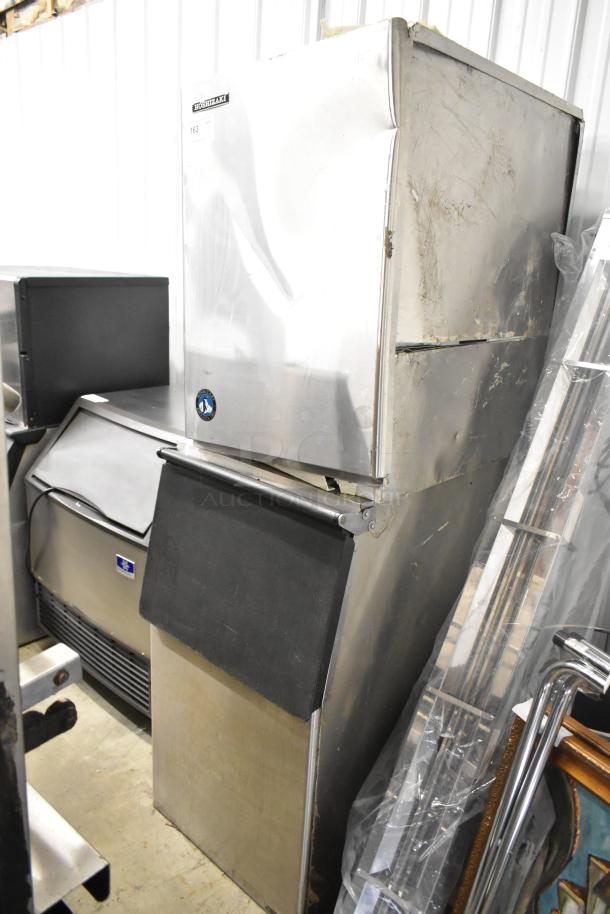 Hoshizaki KM-501MWH Commercial Ice Machine Head, stainless steel, on ice bin, 115-120V, 1 Phase, visible wear.