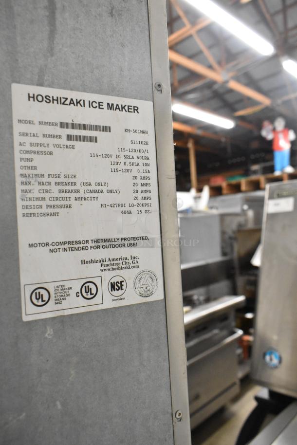 Hoshizaki KM-501MWH Commercial Ice Machine, 115-120V, 1 Phase, UL and NSF certified, label shows model and specs.