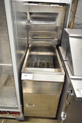 Pitco Frialator commercial gas deep fat fryer, stainless steel, front view, visible control panel, moderate wear.