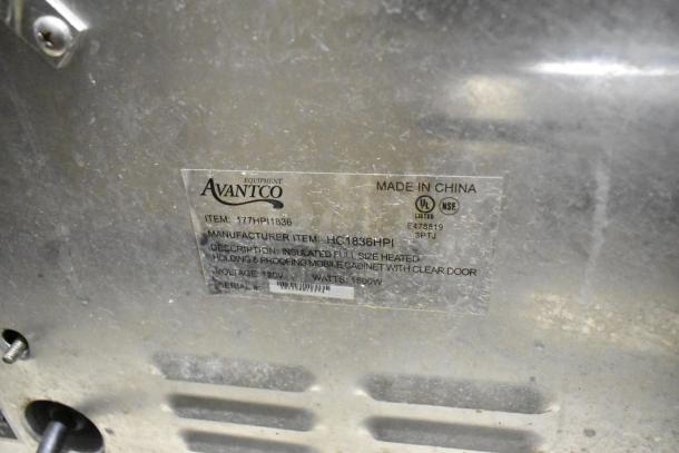 Avantco 177HPI1836 heated holding cabinet, 120V, 1 phase, commercial casters, UL/NSF listed, model tag shown.
