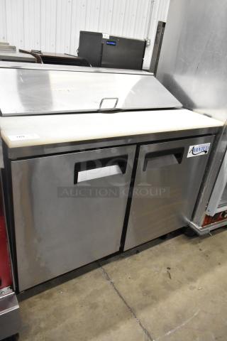 Avantco 178APT48HC commercial prep table, stainless steel, dual doors, mega top, on casters, 115V, 1 phase, visible logo.