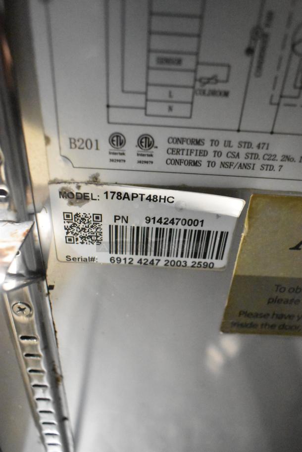 Avantco 178APT48HC commercial prep table label, showing model, part number 9142470001, and serial number for identification.