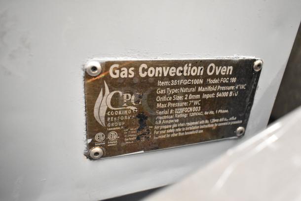 Cooking Performance Group 351FGC100N natural gas convection oven ID plate, detailing model specs, 54,000 BTU rating.