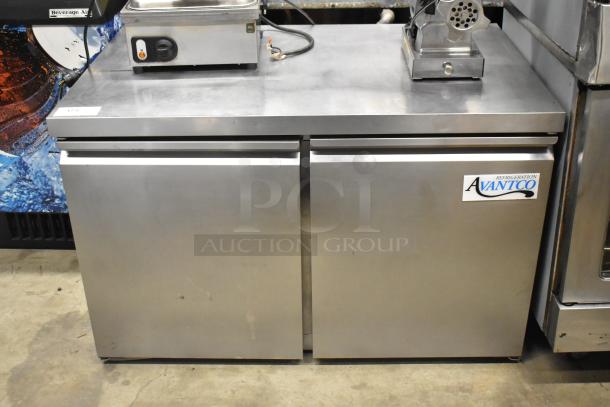 Avantco 178SSUC48RHC Commercial 2 Door Undercounter Cooler, stainless steel, 115V, with visible logo, good condition.
