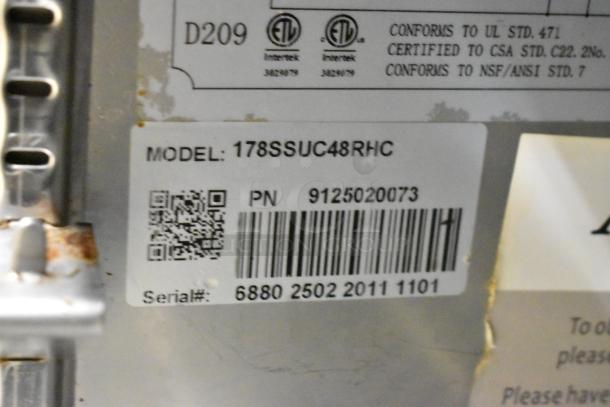 Barcode and serial number label for Avantco 178SSUC48RHC commercial undercounter cooler, model number visible.