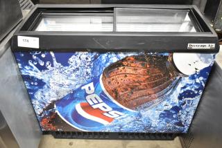 Beverage Air EZA84 chest freezer merchandiser, 115 volts, 1 phase, featuring Pepsi branding, and visible product number tag.
