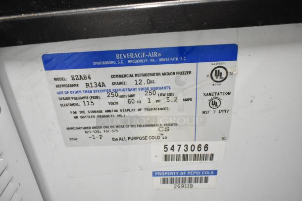 Beverage Air EZA84 Commercial Chest Freezer, 115V, 1 Phase, R134A refrigerant, 12 oz charge capacity. Model label details.