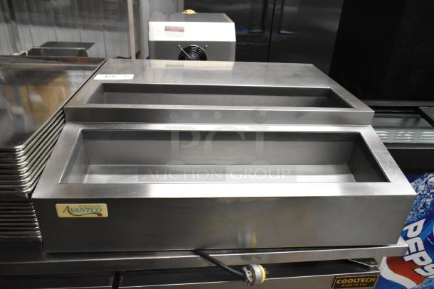 Avantco Countertop Refrigerated Topping Rail, stainless steel, dual compartments, 115 Volts, 1 Phase, label indicates Cooltech.