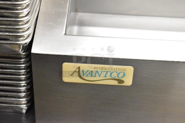 Avantco countertop refrigerated topping rail, stainless steel, 115V, 1 phase, features Avantco branding, excellent condition.