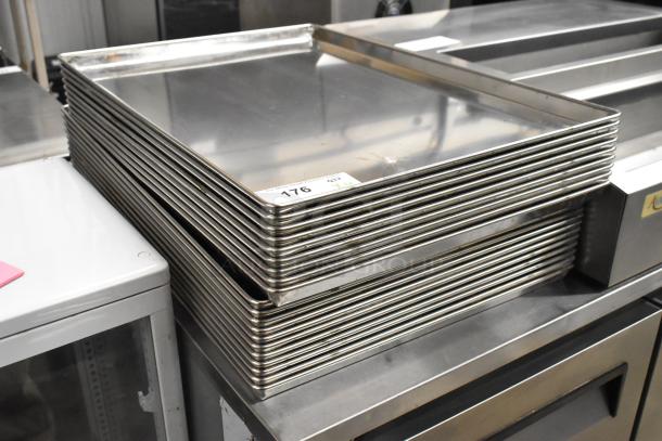 20 full-size metal baking pans, stack of 20, stainless steel, new condition, visible label showing lot number 176.