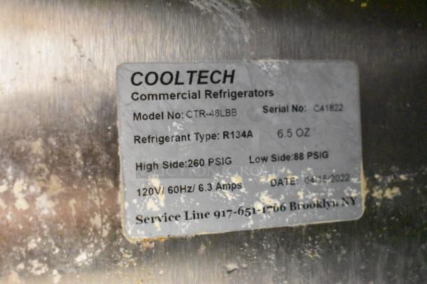 Cooltech CTR-48LBB commercial cooler label showing model, serial number, refrigerant type R134A, and other specifications.