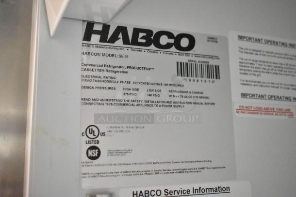 2019 Habco SE18 Commercial Cooler label showing model, electrical rating (115V, 1 Phase), and certifications.