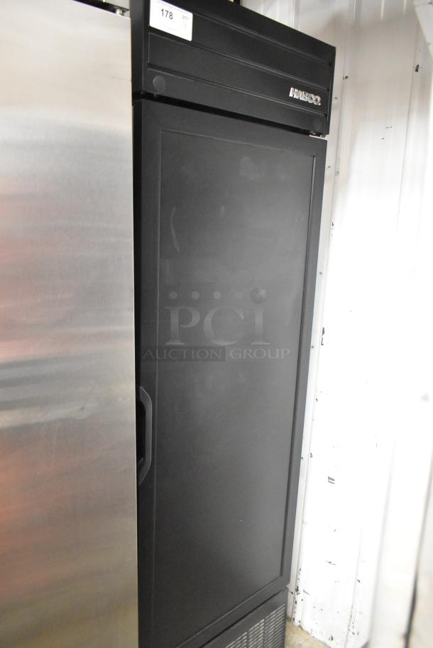 2019 Habco SE18 Commercial Single Door Reach-In Cooler, black exterior. 115V, 1 Phase. Brand logo on top. Excellent condition.