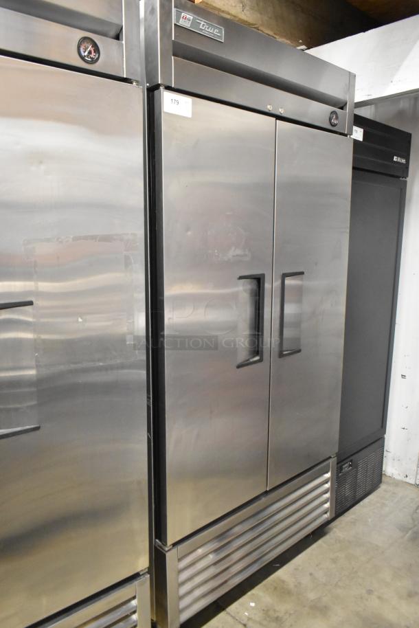 2016 True T-35 2 Door Reach-In Cooler, stainless steel, on commercial casters, 115 volts, 1 phase, model label visible.