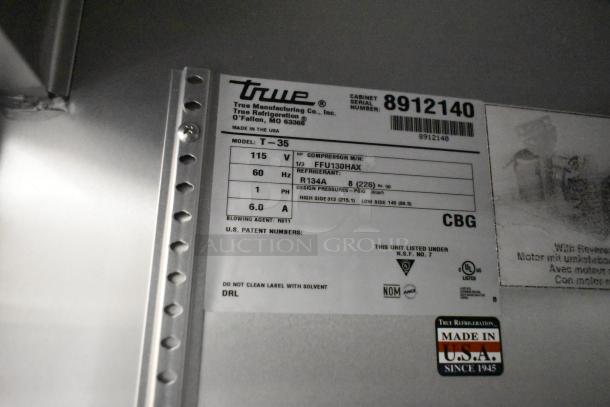 2016 True T-35 Commercial 2 Door Reach In Cooler label showing model, voltage, refrigerant type, and certifications.