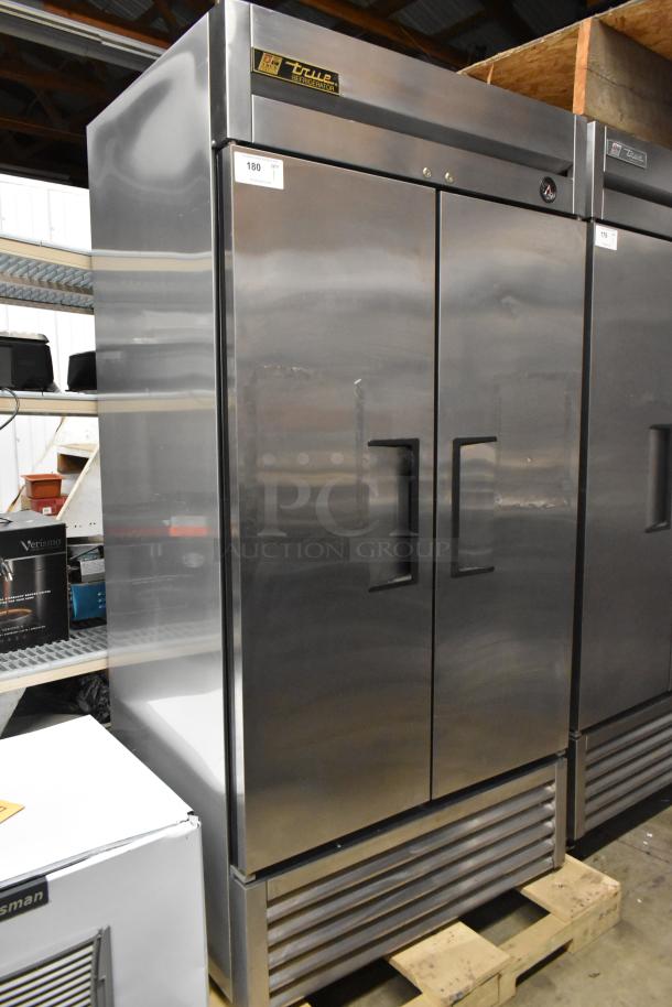 True T-35 Commercial 2 Door Reach In Cooler, stainless steel, 115V, 1 Phase. Features True logo, in good condition.