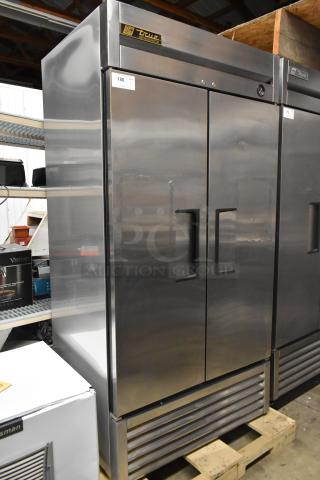 True T-35 Commercial 2 Door Reach In Cooler, stainless steel, 115V, 1 Phase. Features True logo, in good condition.