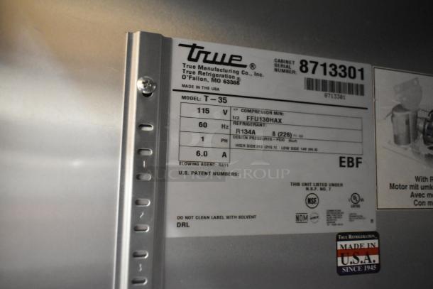 True T-35 Commercial 2 Door Cooler label, 115V, 1 Phase, R134A refrigerant. NSF certified. Made in the USA.