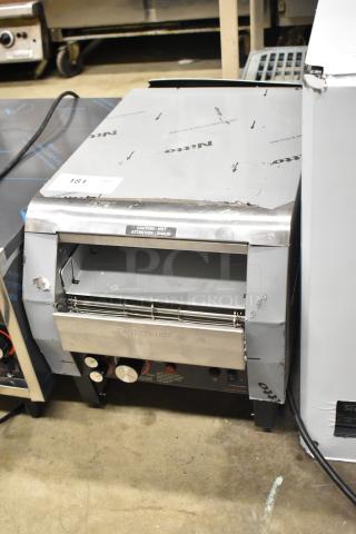 Hatco TQ-800HBA Toast Qwik conveyor toaster, new with dents, 3" opening, 208V, 1 Phase, features heat caution label.