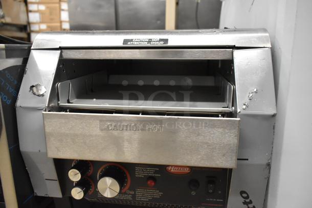 Brand new Hatco TQ-800HBA Toast Qwik conveyor toaster, 3" opening, 208V, 1 phase, minor dents, "Caution Hot" label.