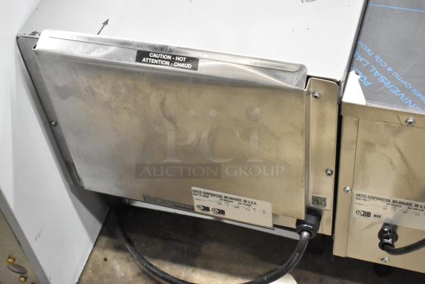 BRAND NEW Hatco TQ-800HBA conveyor toaster, 3" opening, 208V, 1 phase. Scratch and dent condition, caution labels visible.