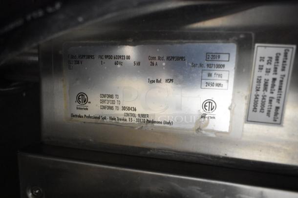 2019 Electrolux HSPP3BPRS Commercial Panini Press label, 208V, 1 Phase, 60Hz, 5kW. Certification details visible.