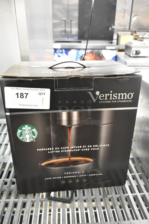 IN ORIGINAL BOX! Verismo K-fee Household Coffee Maker, 120 Volts, 1 Phase, unopened packaging with Starbucks branding.