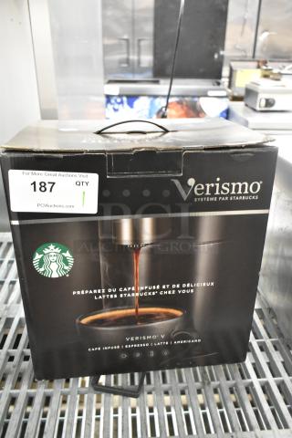 IN ORIGINAL BOX! Verismo K-fee Household Coffee Maker, 120 Volts, 1 Phase, unopened packaging with Starbucks branding.